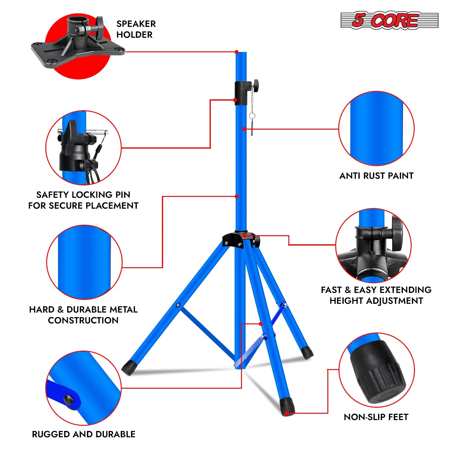 5Core Speaker Stand Tripod Tall Adjustable 72 Inch DJ Pole Mount Studio Monitor Stands SKY BLUE